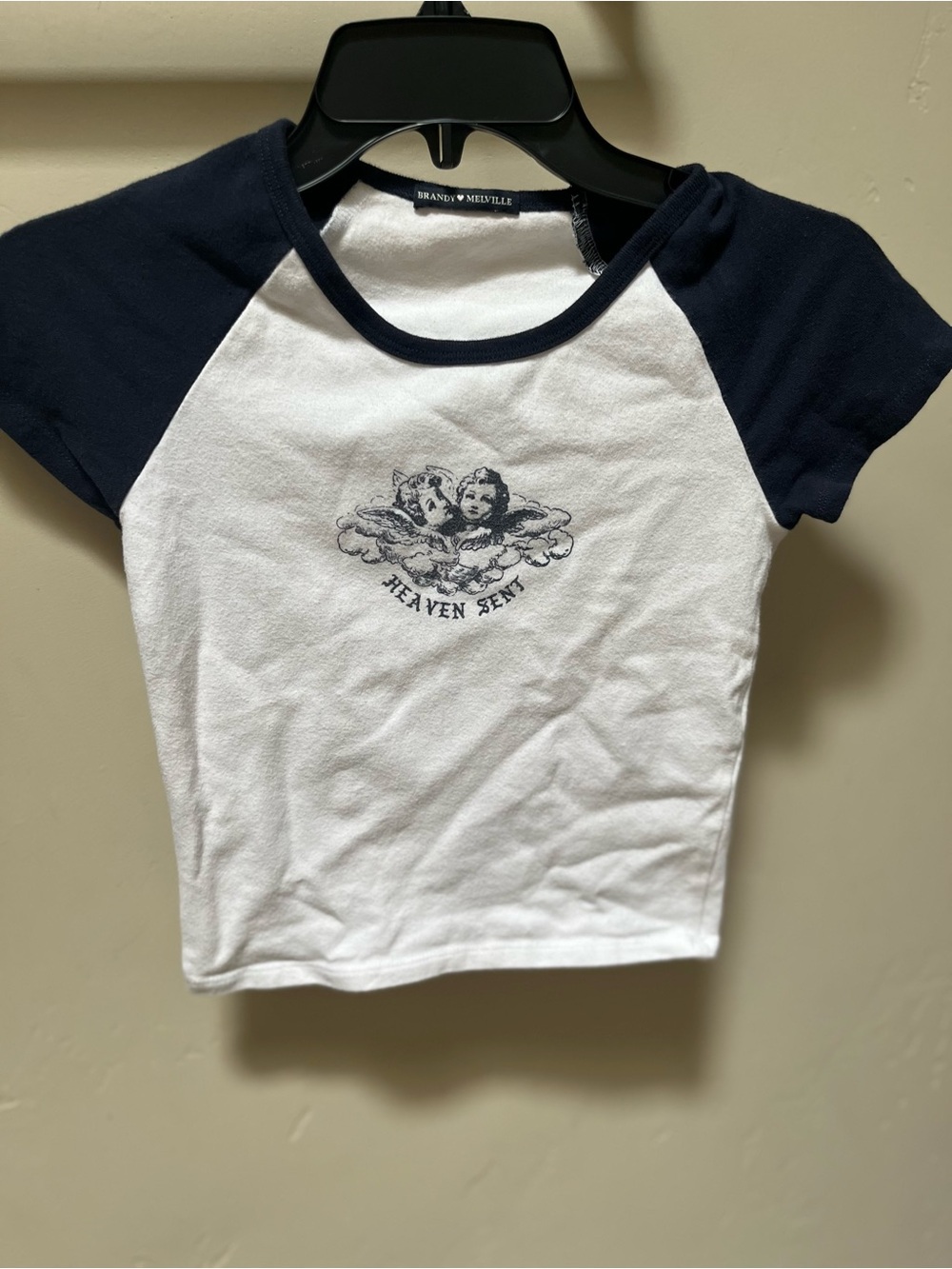 Brandy Melville White & Navy Raglan 'Heaven Sent' Tee